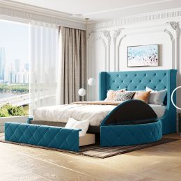 Upholstered Platform Bed Queen Size Storage Velvet Bed with Wingback Headboard and 1 Big Drawer; 2 Side Storage Stool (Color: Blue)