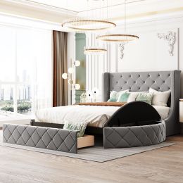 Upholstered Platform Bed Queen Size Storage Velvet Bed with Wingback Headboard and 1 Big Drawer; 2 Side Storage Stool (Color: Gray)