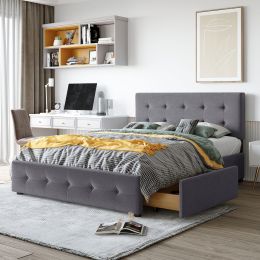 Upholstered Platform Bed with Classic Headboard and 4 Drawers;  No Box Spring Needed;  Linen Fabric;  Queen Size (Color: Dark Gray)