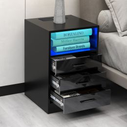 Nightstand with 3 Drawers and Cabinet; USB Charging Ports;  Wireless Charging and Remote Control LED Light (Color: Black)