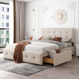 Upholstered Platform Bed with Classic Headboard and 4 Drawers;  No Box Spring Needed;  Linen Fabric;  Queen Size (Color: Beige)