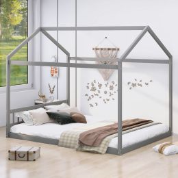 Queen Size Wooden House Bed with Headboard (Color: Gray)