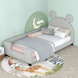 Twin Size Upholstered Daybed with Carton Ears Shaped Headboard (Color: LIGHT GREY)