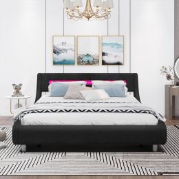 Queen Size Low Profile Upholstered Platform Bed with LED headboard (Color: Black)