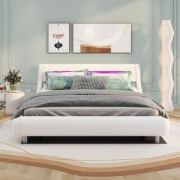 Queen Size Low Profile Upholstered Platform Bed with LED headboard (Color: White)