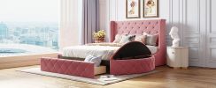 Upholstered Platform Bed Queen Size Storage Velvet Bed with Wingback Headboard and 1 Big Drawer; 2 Side Storage Stool