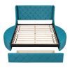 Upholstered Platform Bed Queen Size Storage Velvet Bed with Wingback Headboard and 1 Big Drawer; 2 Side Storage Stool