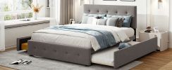 Upholstered Platform Bed with 2 Drawers and 1 Twin XL Trundle;  Linen Fabric;  Queen Size