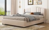 Upholstered Platform Bed with Wingback Headboard and 4 Drawers;  No Box Spring Needed;  Linen Fabric;  Queen Size