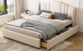 Upholstered Platform Bed with Wingback Headboard and 4 Drawers;  No Box Spring Needed;  Linen Fabric;  Queen Size