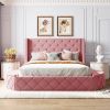 Upholstered Platform Bed Queen Size Storage Velvet Bed with Wingback Headboard and 1 Big Drawer; 2 Side Storage Stool